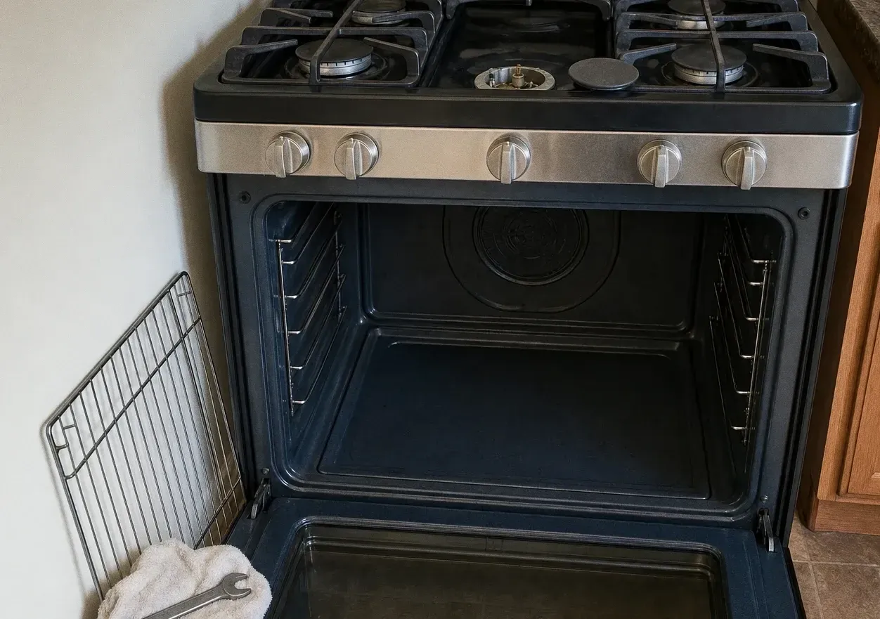 Gas range with the oven open on an empty cavity and a round convection cover at the back, a rack propped against the wall
