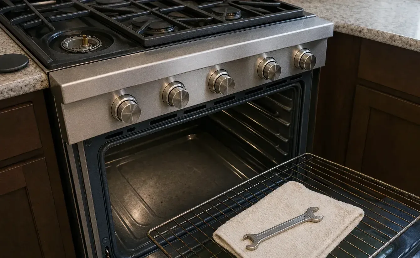 Pro-style stainless gas range seen at three-quarters, oven open with racks in place and a wrench on a folded towel across the door