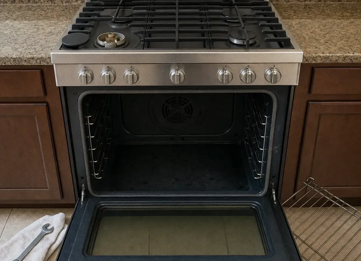 Stainless gas range photographed square on between dark cabinets, oven door fully open on an empty cavity with a rack on the floor