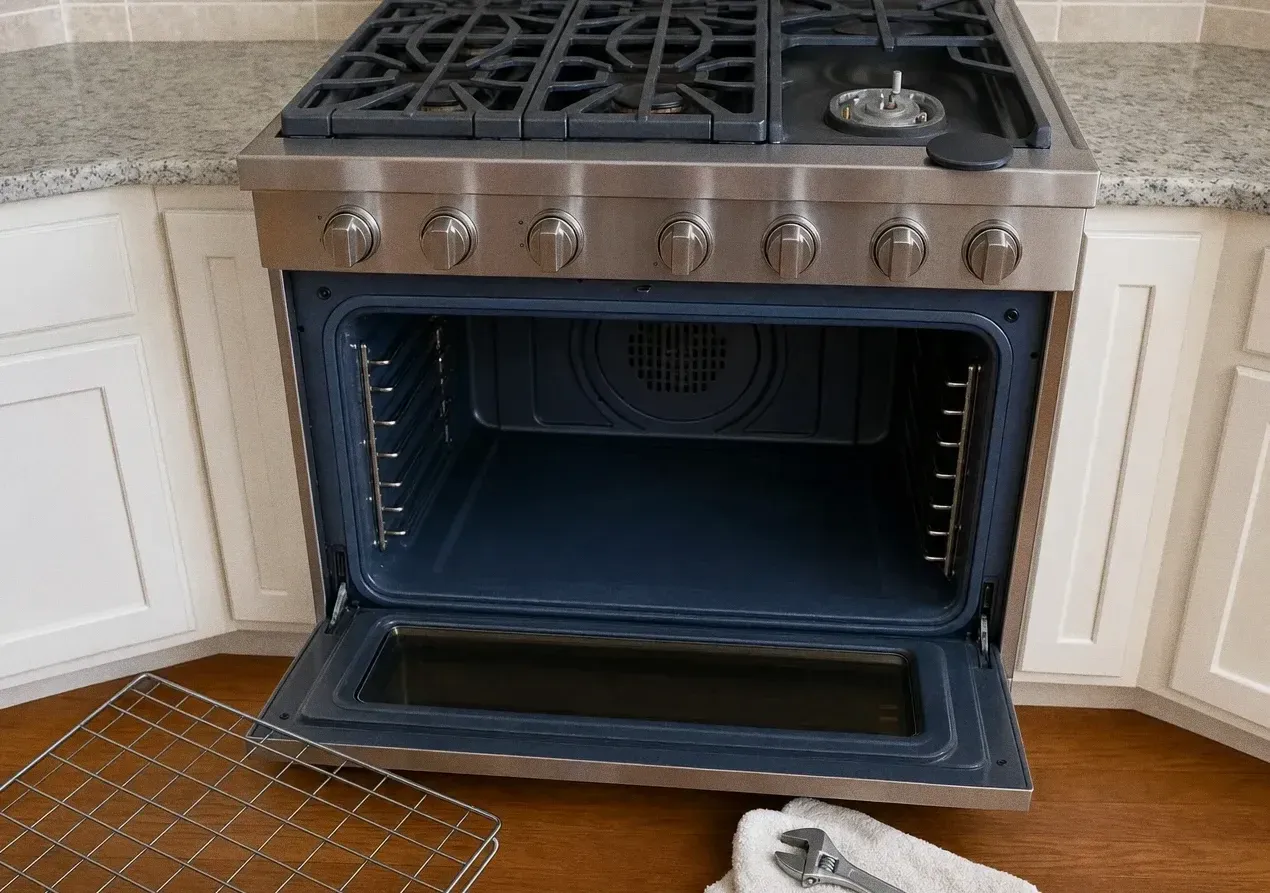Stainless gas range in white cabinets on a wood floor, oven door lowered on an empty cavity with a rack down on the boards