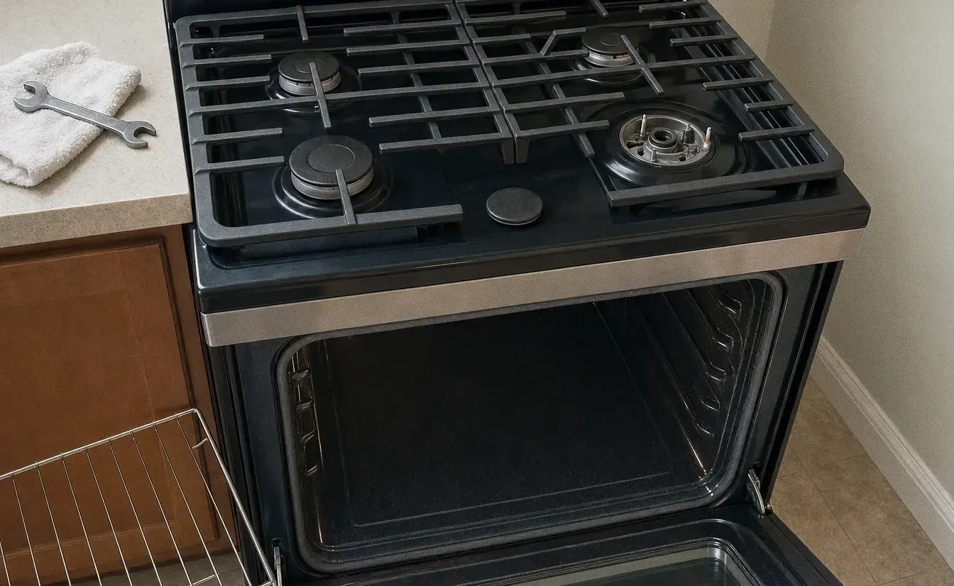 High angle across a gas cooktop showing cast grates and burner heads with one cap lifted off, oven door open below